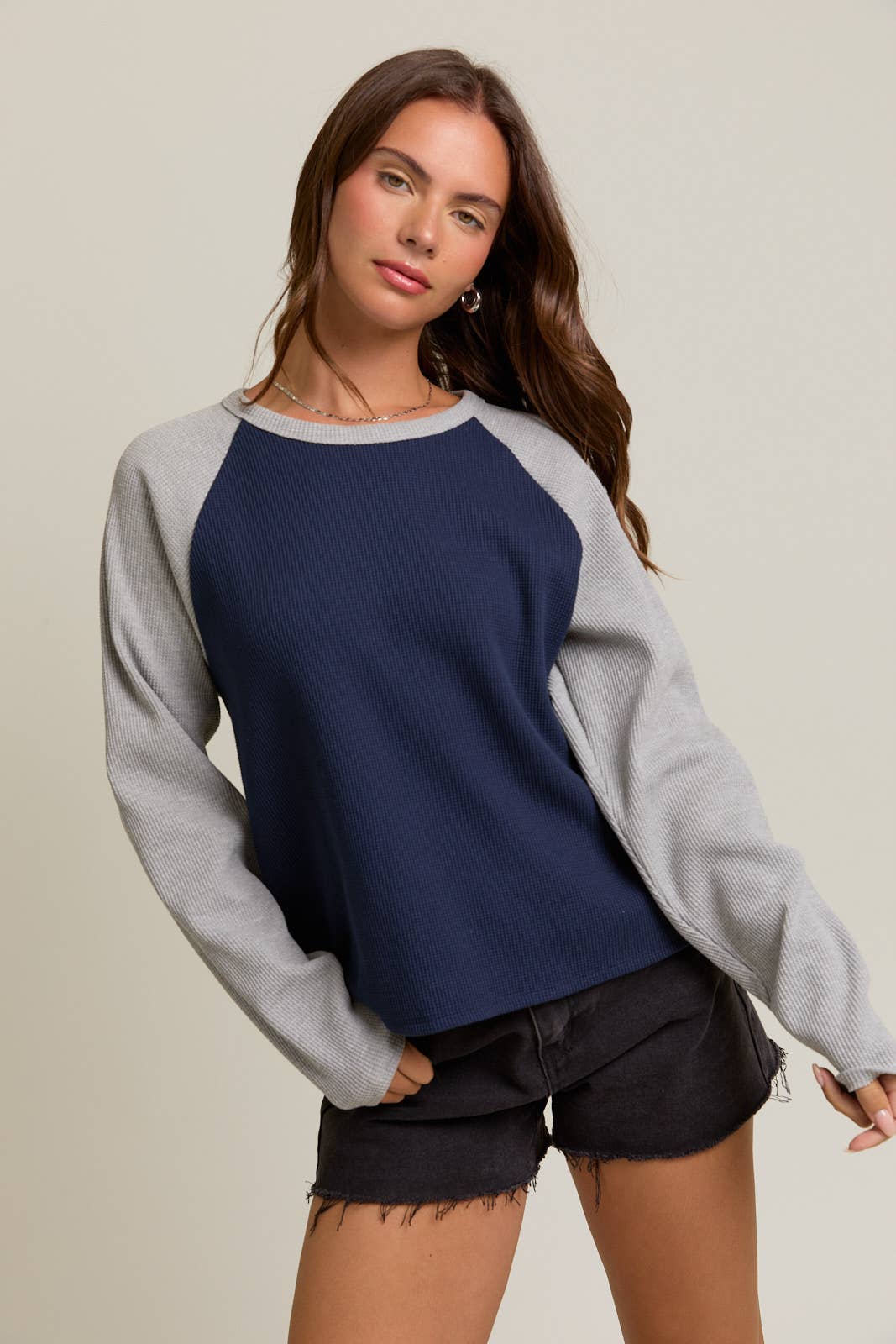 Raglan Long Sleeve Color Block Waffle Top