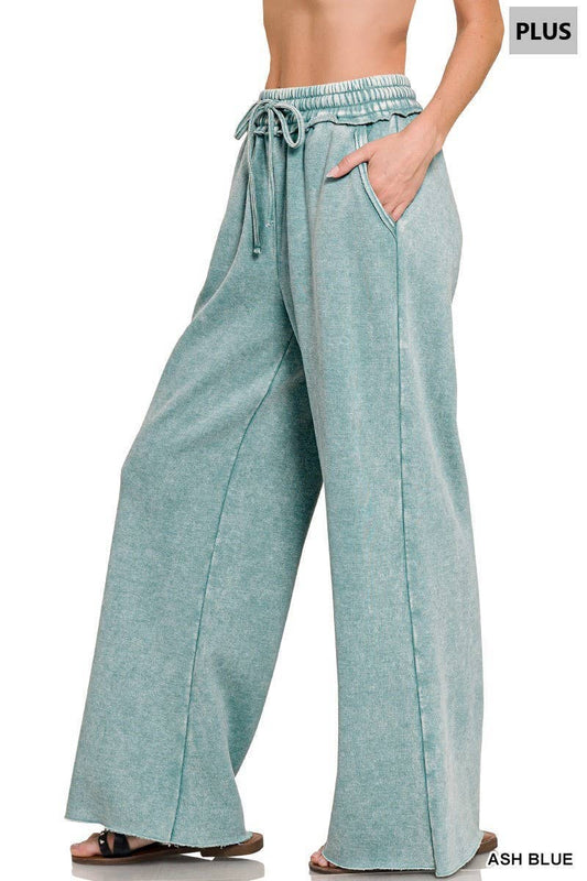 Plus Acid Wash Fleece Palazzo Sweatpants With Pockets
