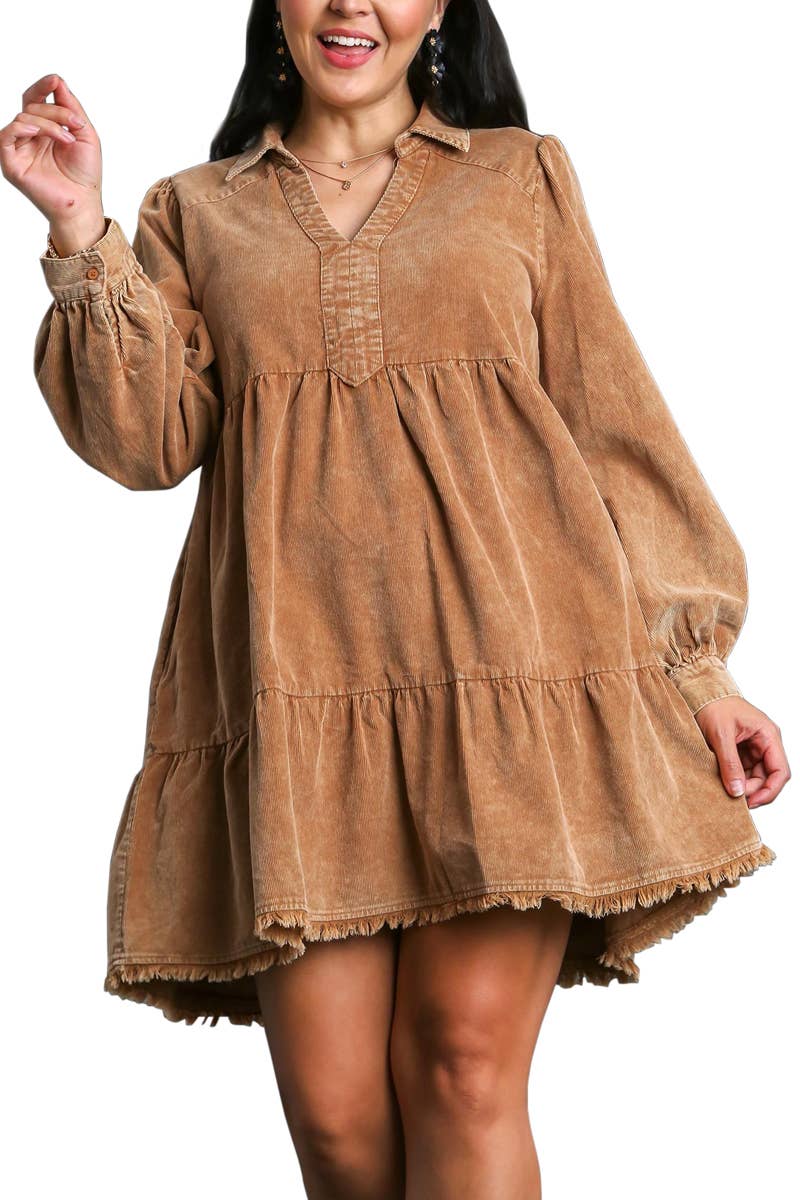 Plus Mineral Wash Corduroy Tiered Dress