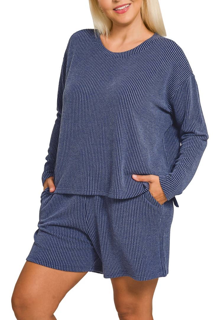 Plus Raised Rib Long Sleeve Tee And Shorts Set