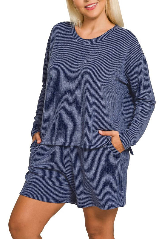 Plus Raised Rib Long Sleeve Tee And Shorts Set