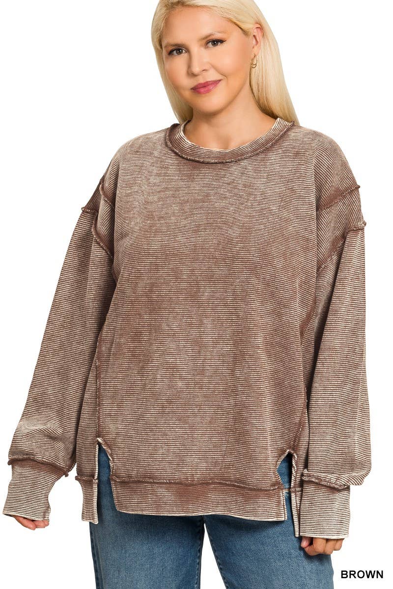 Plus Acid Washed Double Ribbed Pullover