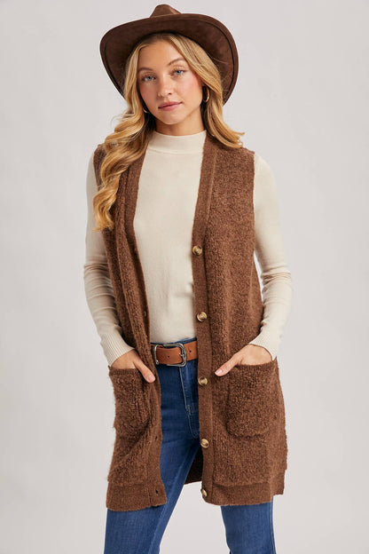 BUTTON DOWN V-NECK TEDDY KNIT LONG LINED VEST