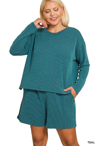 Plus Raised Rib Long Sleeve Tee And Shorts Set