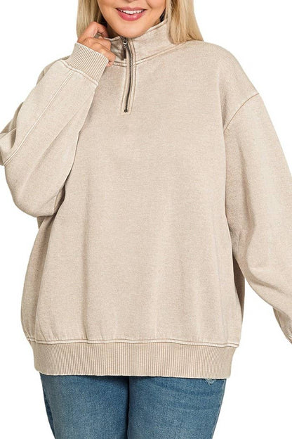 Plus Acid Wash Fleece Half Zip Pullover