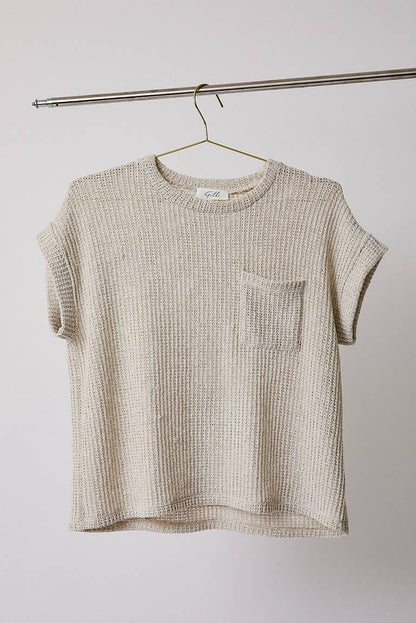 CREW NECK CUFFED SHORT SLEEVE TOP WITH POCKET