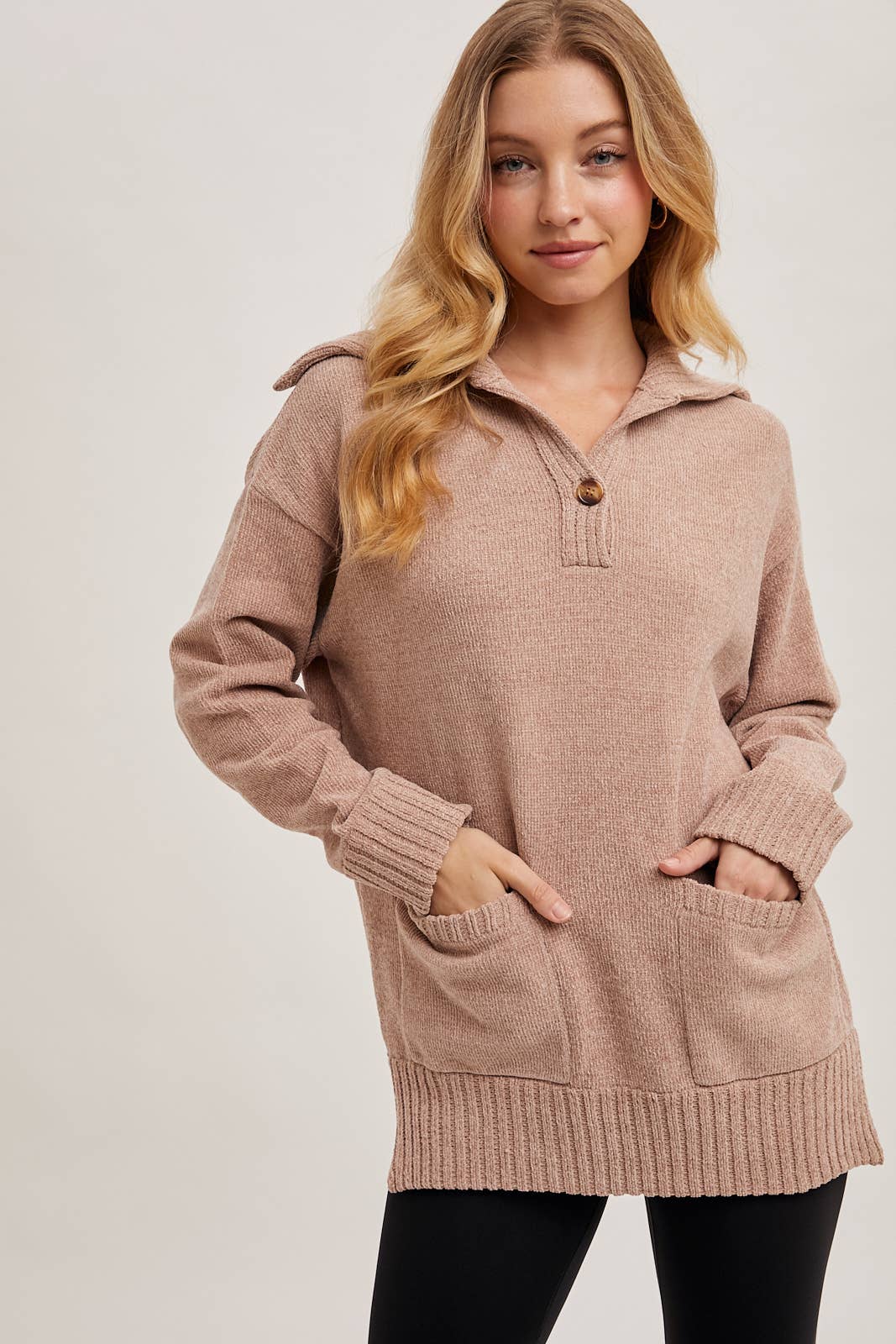ONE BUTTON FRONT FLAP COLLAR RIBBED KNIT SWEATER PULLOVER